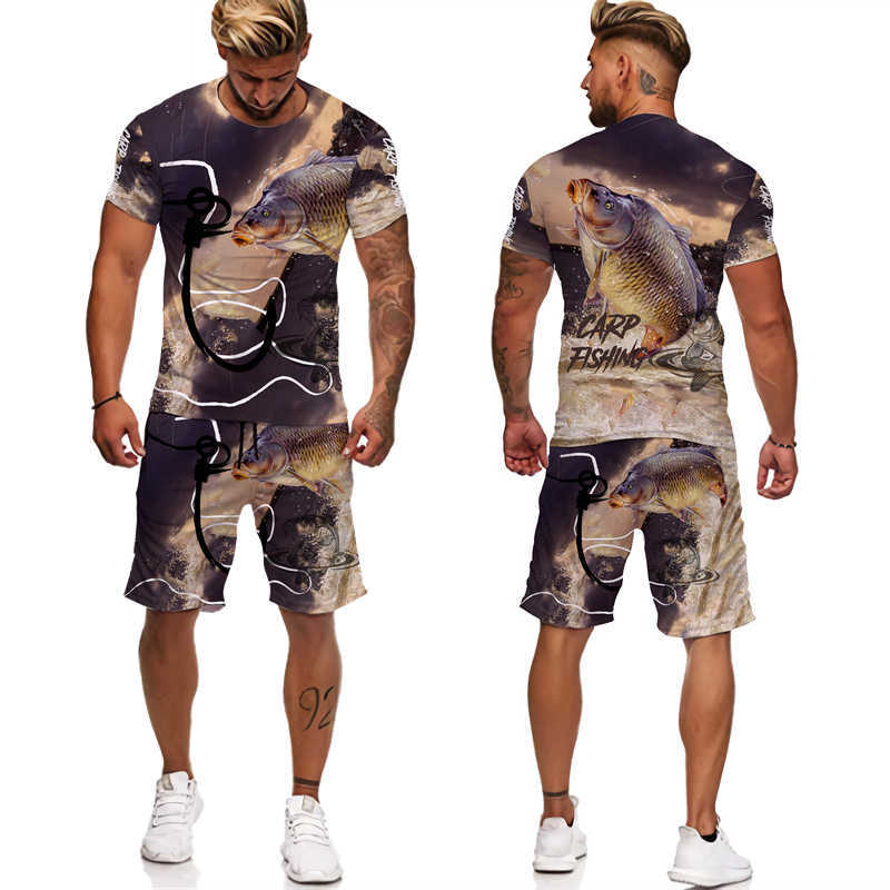 Men's Tracksuits Camouflage animal fish 3D printing men's T-shirt/shortsHarajuku fashion T-shirt casual outdoor hiking camping sportswear set P230605