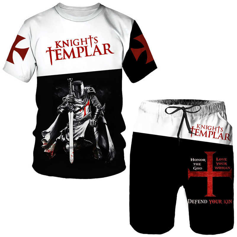 Fatos de treino Summer Temple Knight T-shirt/shorts/conjunto com estampa 3D masculino legal manga curta 2 peças Armadura Medieval Holy Cross Role Playing Set P230605