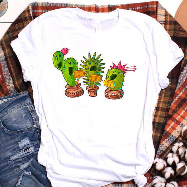 T-shirt femme dessin animé mignon été cactus Kawaii chat graphique haut 90s Harajuku col rond décontracté femme T-shirt P230603