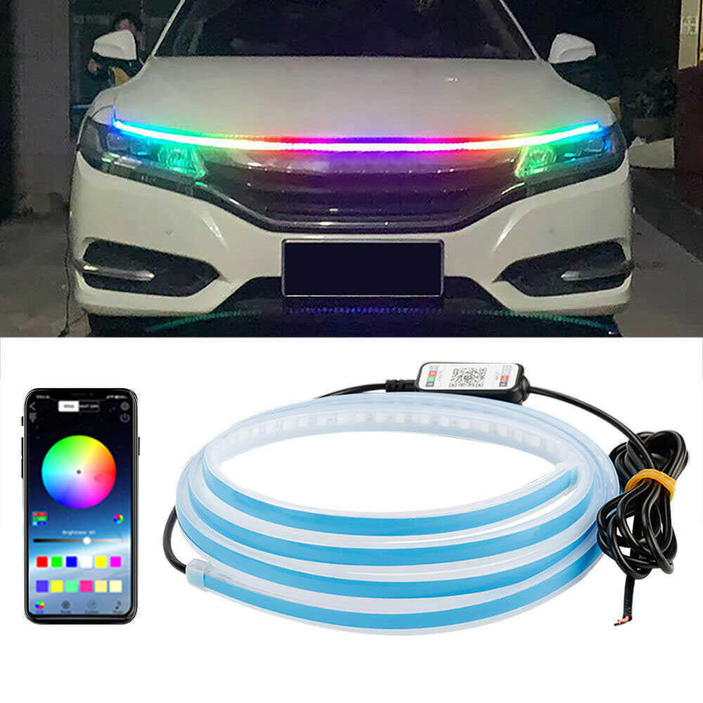 Neue Neue 12V LED Auto Haube Licht Tagfahrlicht Auto Remote App RGB Fließende Blinker Guide Dünne streifen Lampe Styling