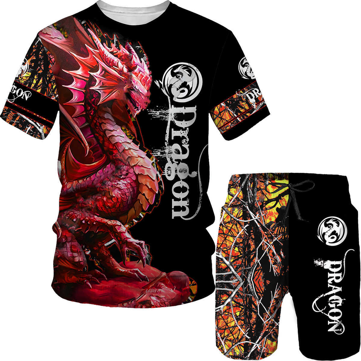Chándales Camiseta y pantalones cortos para hombre Impreso en 3D con patrón de dragón retro ropa de calle Conjunto de verano de dos piezas de alta calidad P230605