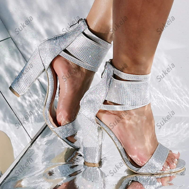 Sukeia New Arrival Mulheres Sandálias de Verão Rhinestone Chunky Heels Open Toe Beautiful Silver Dress Shoes Ladies US Size 5-20