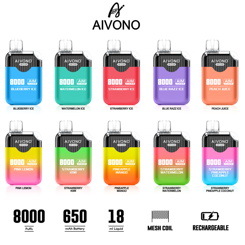 Original AIVONO AIM CLEAR 8000 Puffs Descartáveis Vape E Cigarette Com 18ml Pod 650mAh Bateria Recarregável Mesh Coil Puff Flex 2800 Caneta Vaporizadora