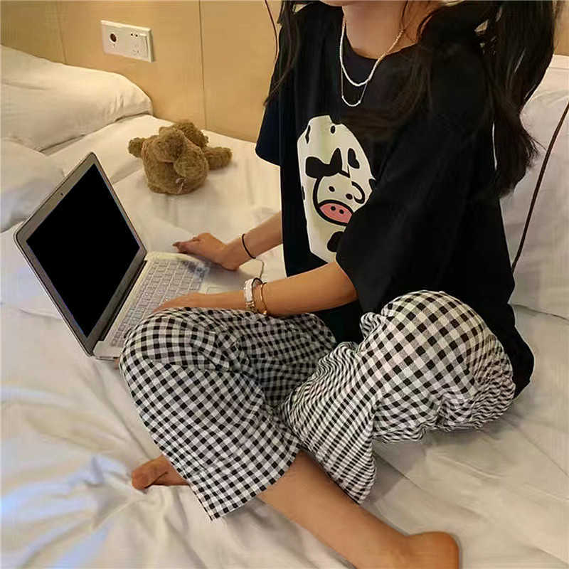 Женские брюки Capris Spring Pajama милый мультфильм носить женские женские короткие рукавы сладкие повседневные брюки Домашний набор.