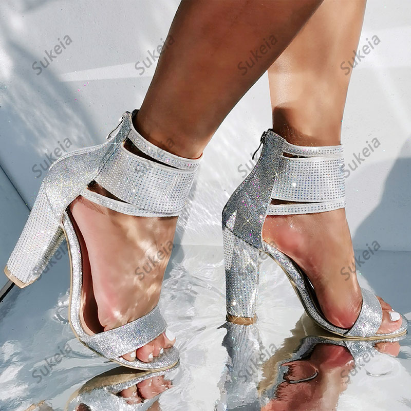 Sukeia New Arrival Mulheres Sandálias de Verão Rhinestone Chunky Heels Open Toe Beautiful Silver Dress Shoes Ladies US Size 5-20
