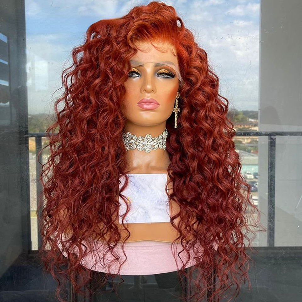 Brasiliansk ingefära lockig spets främre mänskliga hår peruker för kvinnor lös djup våg peruk röd vinråk peruker färgade syntetiska peruk före plockad
