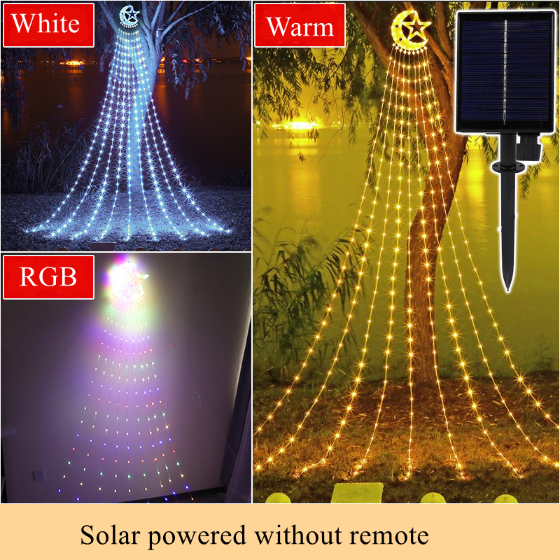 LED strings Moon star waterfall lights Christmas indoor outdoor waterproof solar remote control decorative lights 3.5m 346led 9 strings warm white RGB