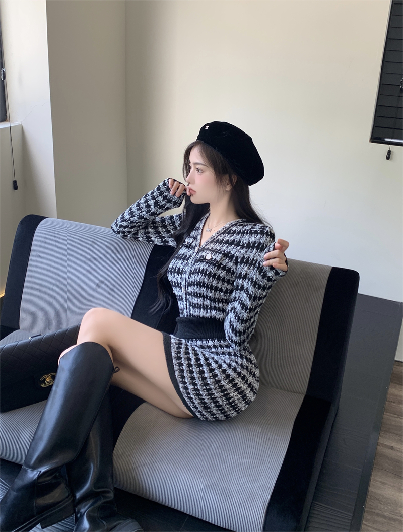 Women's knitted long sleeve v-neck sweater crop top and skirt twinset dress suit