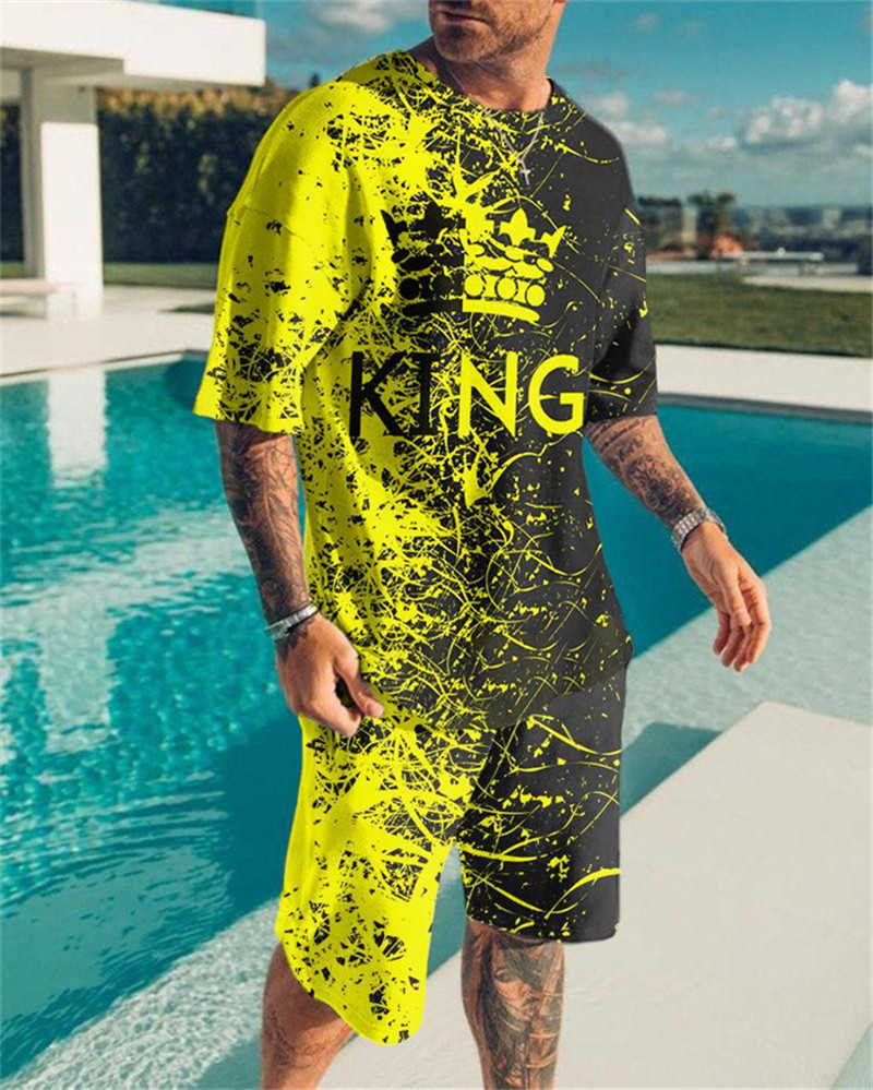 Trainingsanzüge King T-Shirt Sommersport Neue Leichtathletik 2-teiliges Set Übergroße Freizeitshorts 3D-Druck Street Fashion Herrenbekleidung P230605