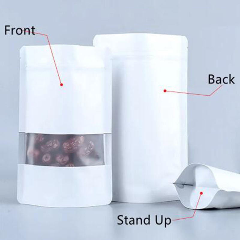 Vit aluminiumfolie Självförsegling Stand Up Bag med Frosted Window Self Seal Tear Thrach Doypack Food Snack Tea Packing Pouches