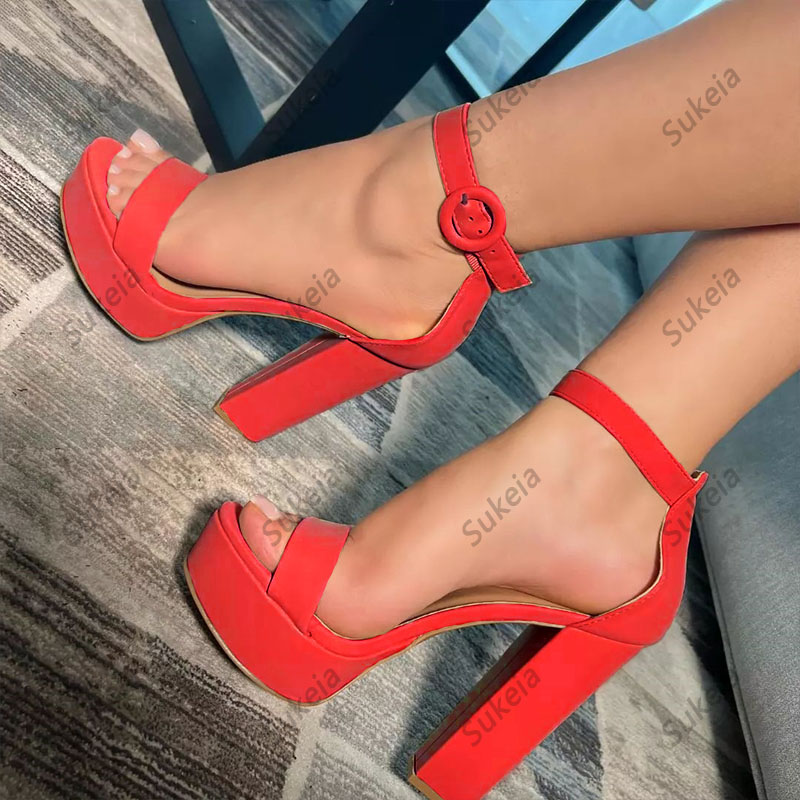Sukeia Women Ankle Strap Sandals PU Leather Chunky Heels Open Toe Beautiful Apricot Party Shoes Ladies US Plus Size 5-20