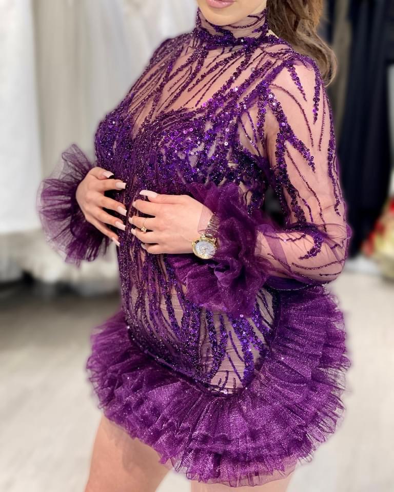2023 Purple Sheath Sexy Graduation Dress Sequined Lace Short Mini Homecoming Party Formal Cocktail Prom Gowns Dresses ZJ406