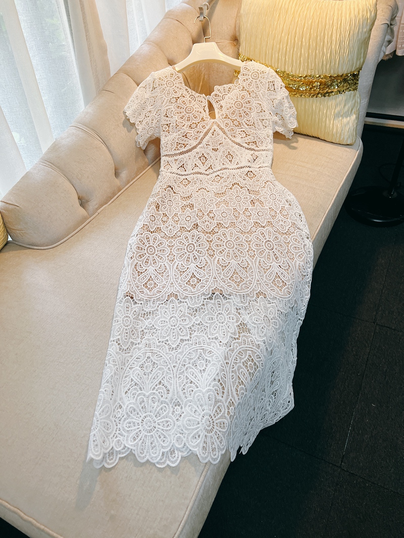 2023 Summer White Floral Lace Panelled Dress Short Sleeve V-Neck Midi Casual Dresses N3L042340