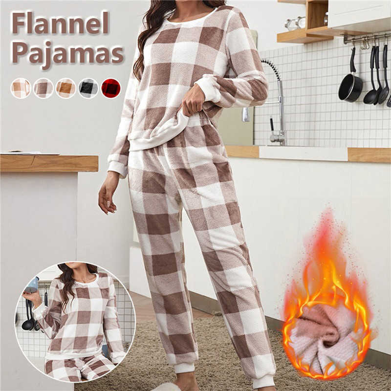 Calças femininas Capris Pijama de flanela conjunto para o calor do inverno veludo coral grosso de manga comprida roupas de família roupas de trabalho de duas peças pijama decote P230605