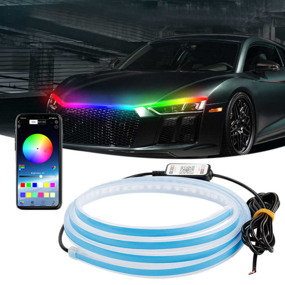 Neue Neue 12V LED Auto Haube Licht Tagfahrlicht Auto Remote App RGB Fließende Blinker Guide Dünne streifen Lampe Styling