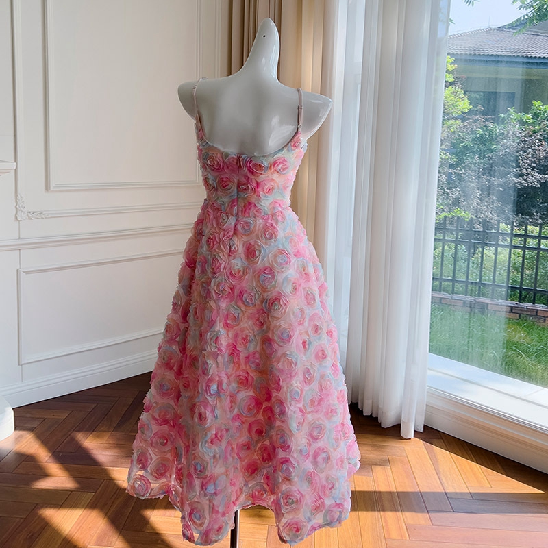 2023 Summer Multicolor 3D Flowers Floral Panelled Tulle Dress Spaghetti Strap Scoop Neckline Midi Casual Dresses J3L047823