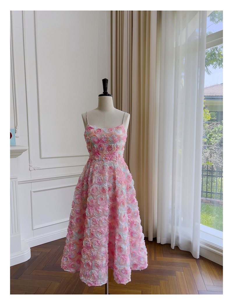 2023 Summer Multicolor 3D Flowers Floral Panelled Tulle Dress Spaghetti Strap Scoop Neckline Midi Casual Dresses J3L047823