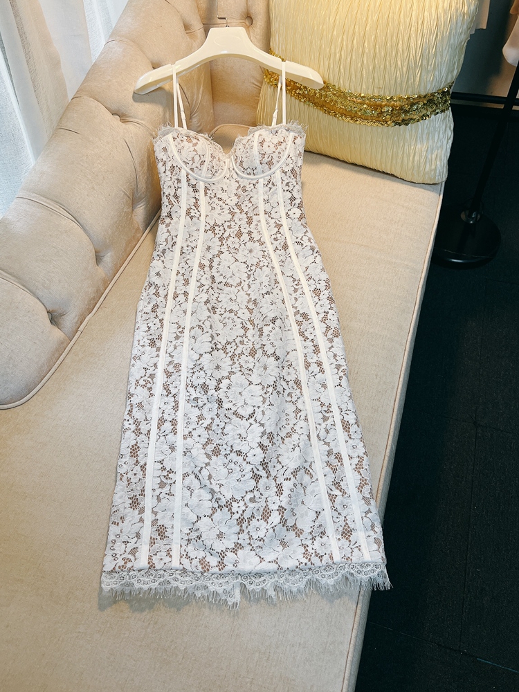 2023 Summer White Floral Lace Panel Dress Spaghetti Strap Sweetheart Neck Knee Length Casual Dresses D3L041408