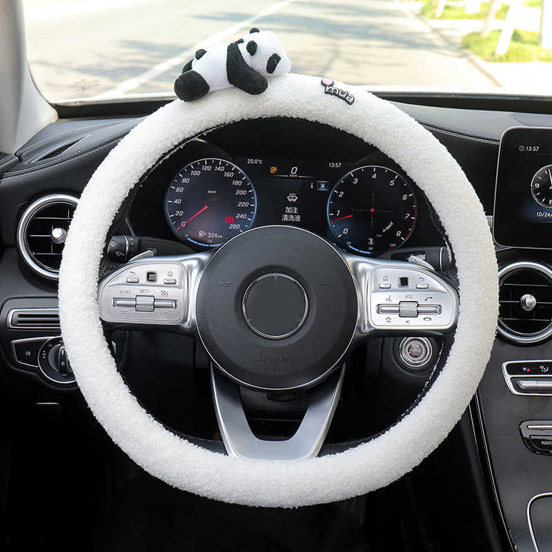 New Cute Cartoon Panda Doll Plush Universal Car Steering Wheel Cover Auto Seatbelt Cover Imitate Lamb Wool Winter Car Accessories