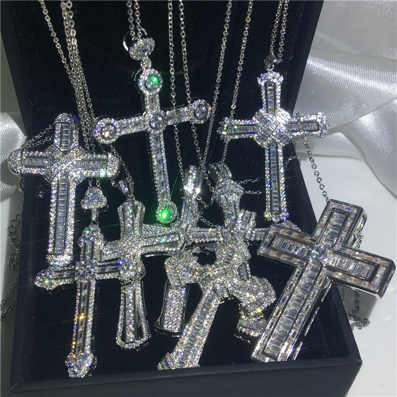 Vecalon handgemachte Hiphop Big Cross Anhänger 925 Sterling Silber Cz Stein Vintage Anhänger Halskette für Frauen Männer Hochzeit Schmuck