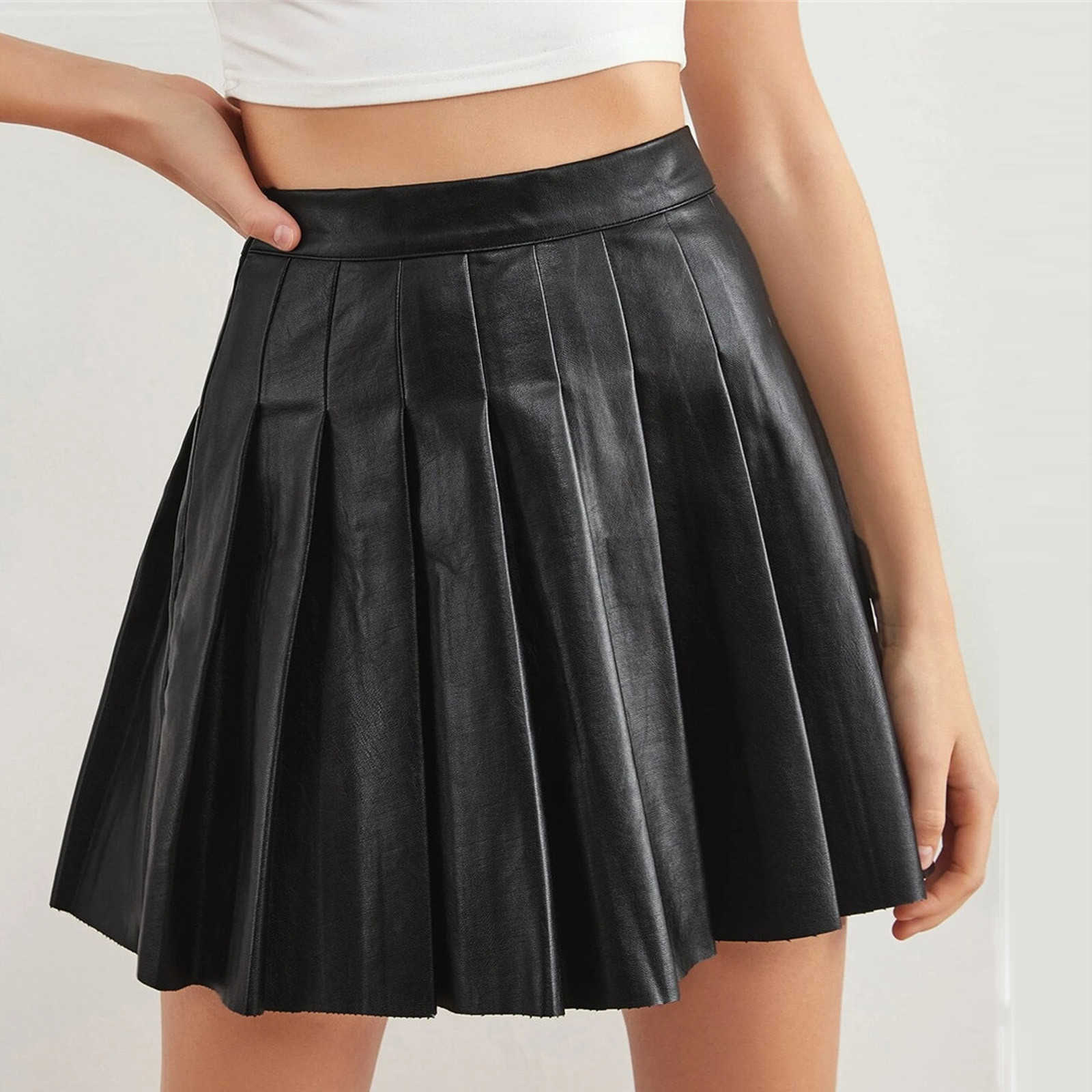 Skirts Women's Solid Color Pleated Sexy Short High Waist Fashion Leather G220605