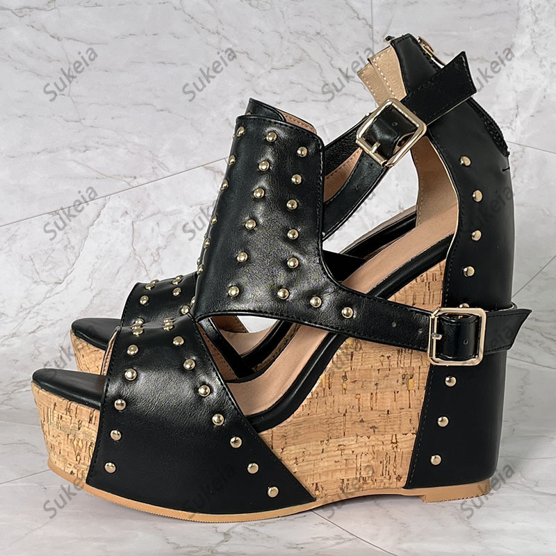 Sukeia Real Photos Women Platform Sandals Wedges Heels Studded Round Toe Elegant Black Party Shoes Ladies US Plus Size 5-20