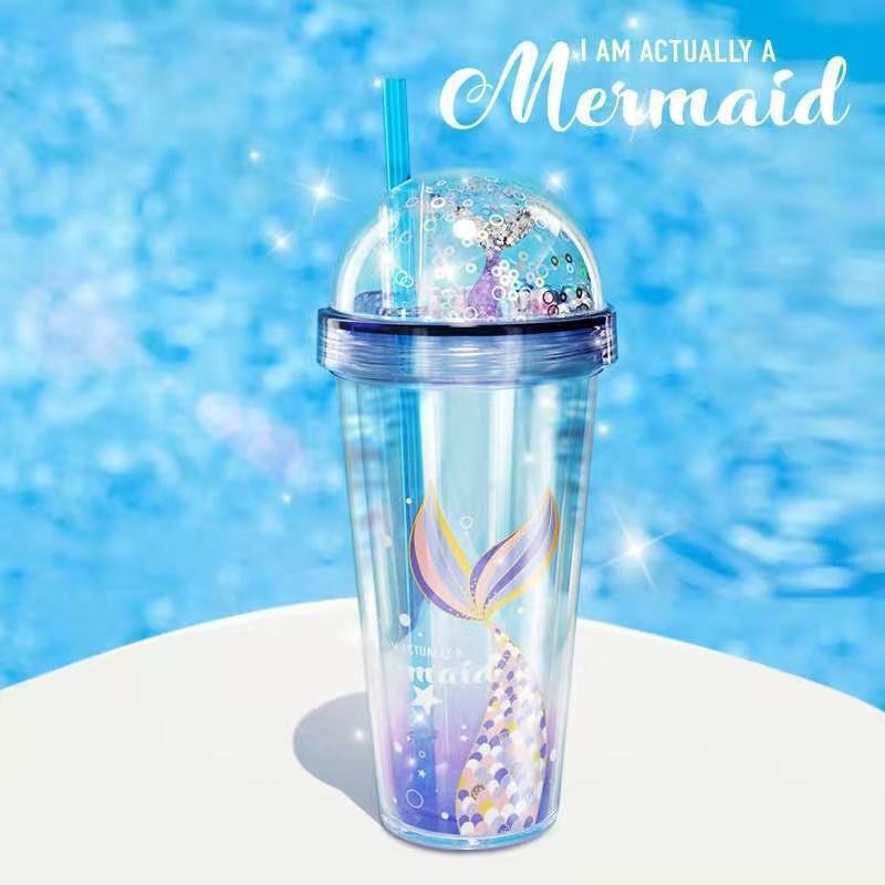 Creative Landscape Cover Fishtail Mesh Red Dubbel Transparent Bright Film Water Cup Summer Personlighet Girls Double Mermaid Cup L01