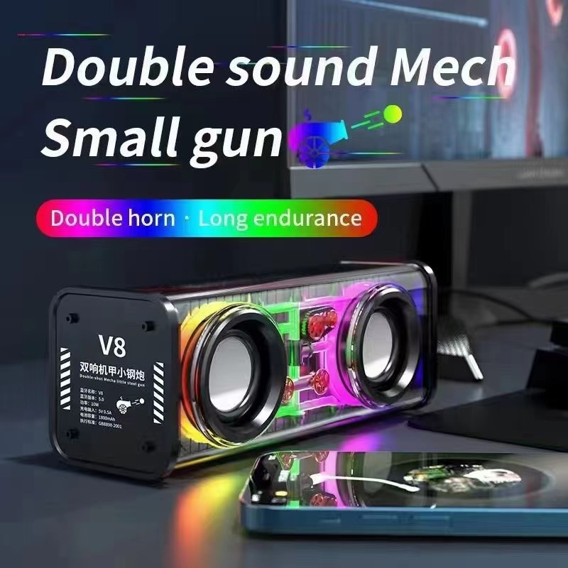 V8 Double Sound Transparent Mecha -högtalare RGB Lätt utomhus bärbar subwoofer trådlös Bluetooth TWS Super Bass Audio