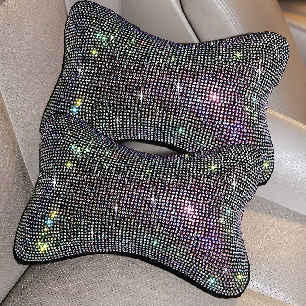 New Diamond Bling Car Neck Pillow for Car Seat Driver Auto Seat Headrest Cushion Crystal Rhinestone Rainbow Bling Accessories