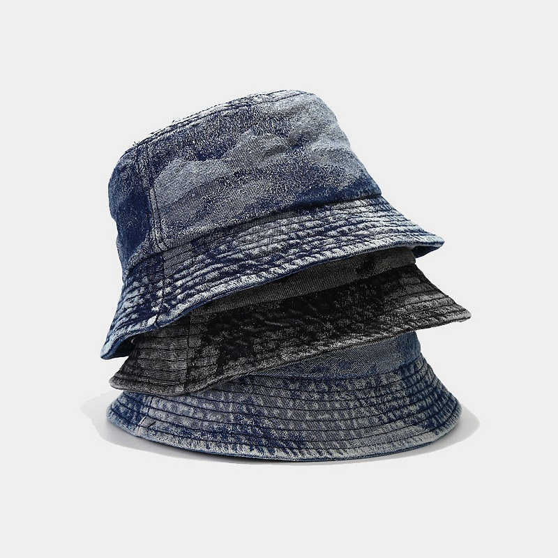 Cappelli a tesa larga 2023 Spring Denim Print Bucket Fisherman Outdoor Travel Sun Hat Uomo e donna 124 G230603