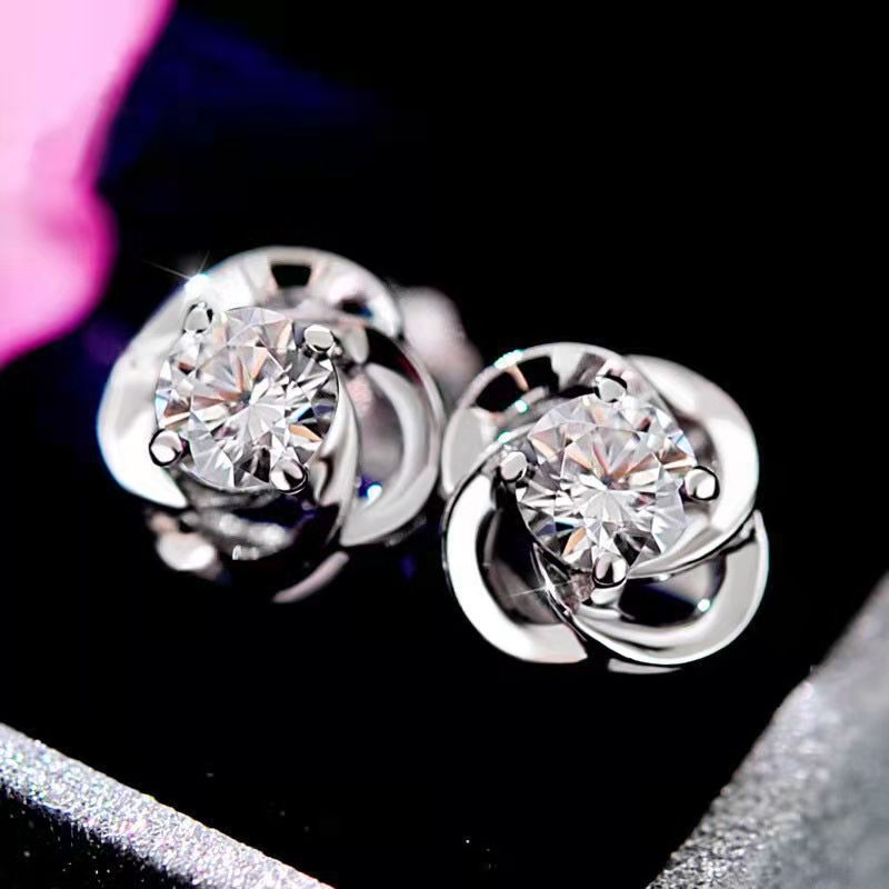 Women's Fashion Jewelry 925 Sterling Silver Round Cut White Topaz CZ Diamond Gemstones Women Wedding Rose Flower Stud Earring Gift