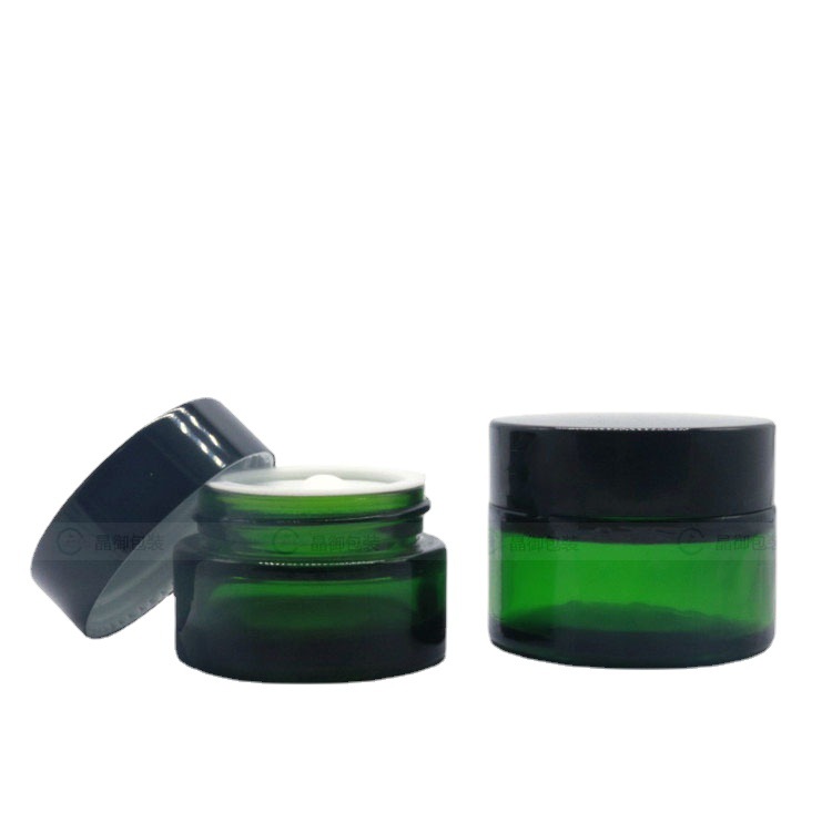 pot de crème pour le corps cosmétique de luxe en verre vert emballage 20 ml 30 ml 50 ml avec couvercle à vis noir