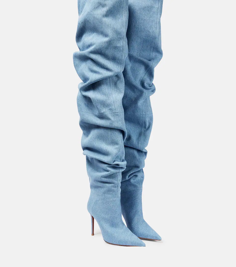 2023 Botas por encima de la rodilla Mujer Nuevo diseño Moda Tacón alto Muslo Botas altas Sexy Jeans Looss Calzado largo para mujer 44