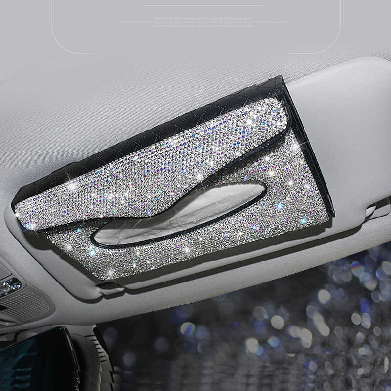 Novos acessórios para carro caixa de lenços de cristal strass caixa de lenços de carro viseira tipo couro PU caixa de lenços capa com brilho suporte de papel feminino