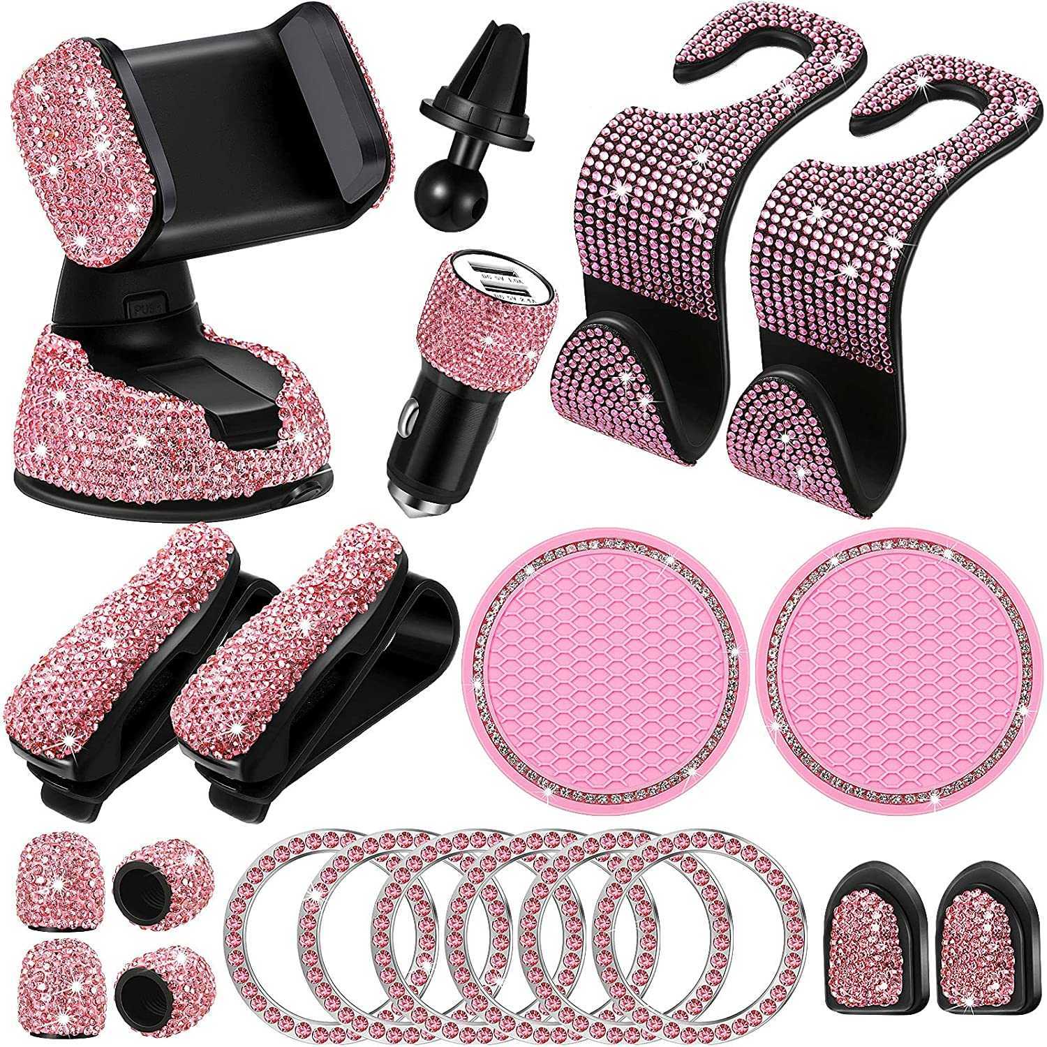 Novo 20 pçsstrass suporte de telefone para carro universal bling acessórios para carro para mulheres ganchos interiores automotivos adesivo conjunto de almofadas rosa