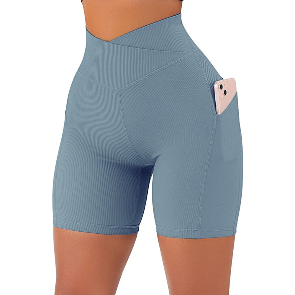 LL Yoga Shorts Ribber Women's Sports Cross Waist Pants With Pockets Running Fitness Stretchy Gym Underwear Workout Short Leggings A1005