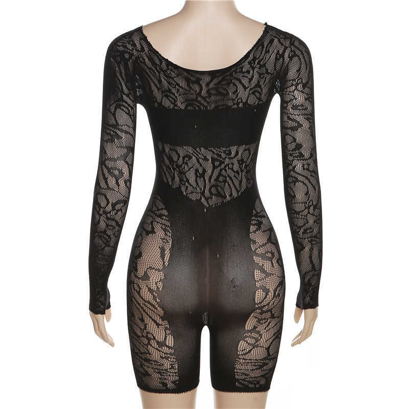 2023 Summer Rompers Women Jumpsuit Sexig perspektiv Lace bodysuit långärmad ihålig ut med hög midja bodycon yogakorts jumpsuits för kvinnor