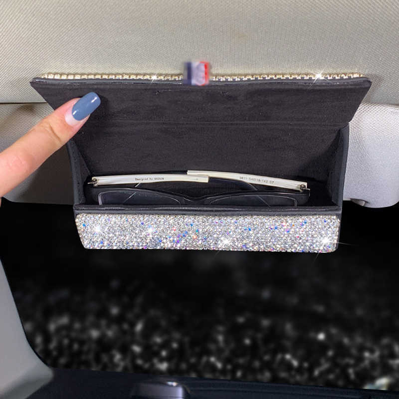 Nya Crystal Rhinestone Car Glasses Holder Box Magnetic Car Sunvisor Glasses Case Storage Glasses Organizer Sunshade Auto Accessories