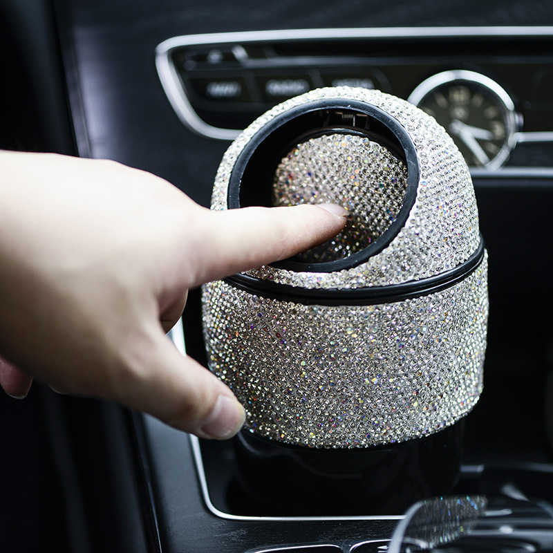 Ny Bling Rhinestone Car Trash Garbage Can Diamond Crystal Auto Trash Dust Case Holder Mini Garbage Bin Press Type Car Storage Box