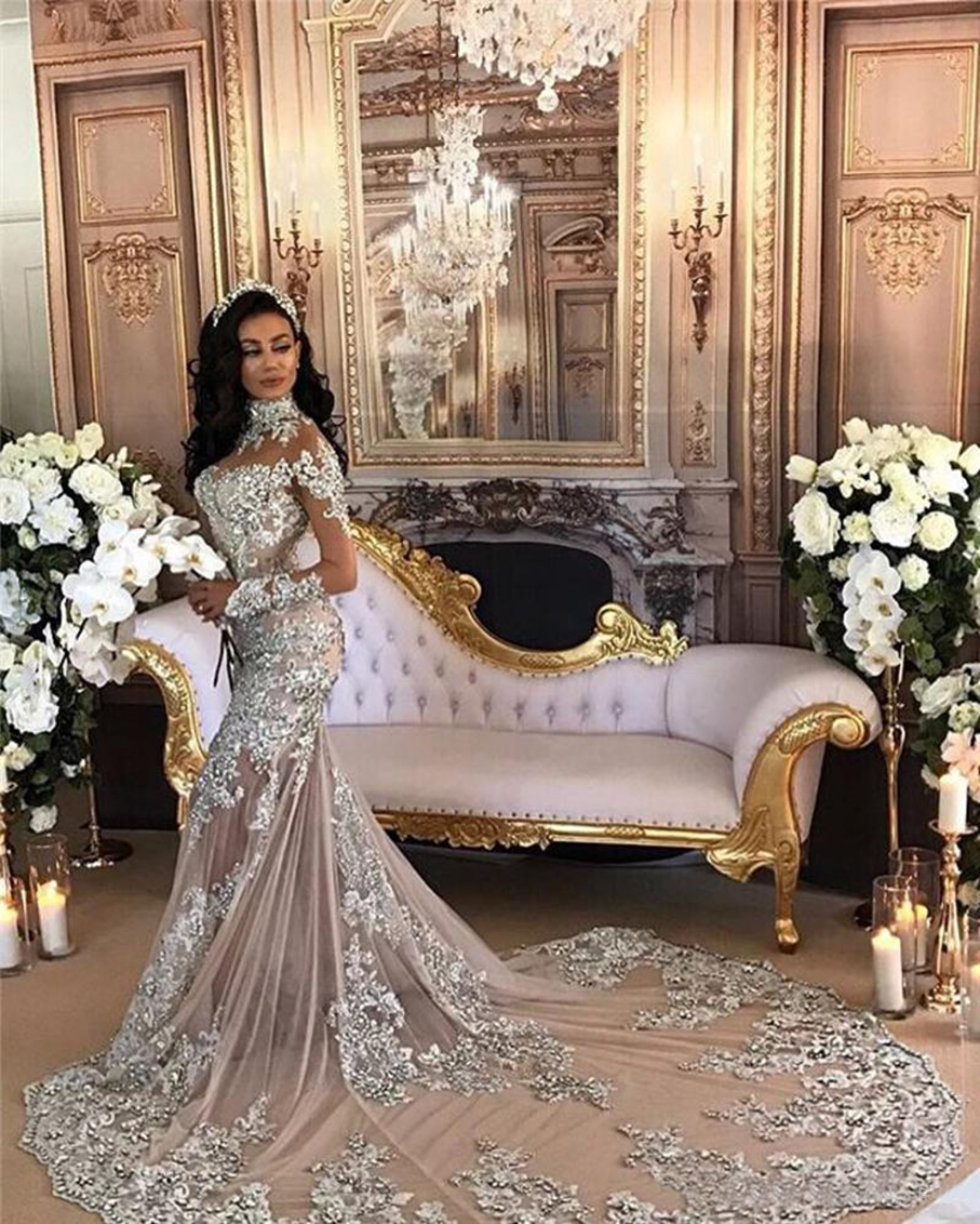 2023 magnifiques robes de mariée sirène dentelle appliques pure col haut robes de mariée avec manches longues appliques robe de mariée en cristal