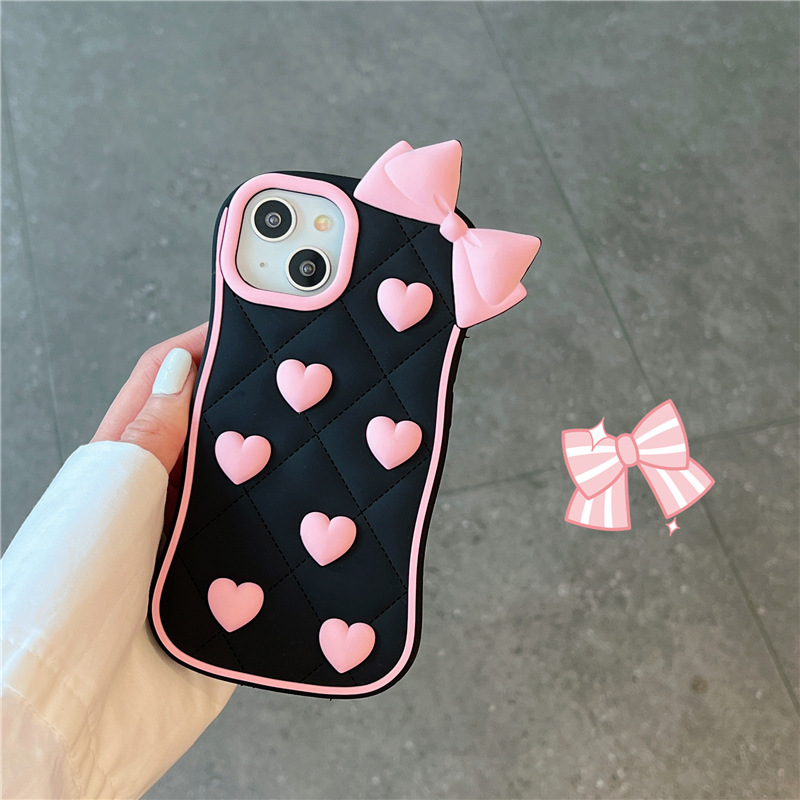 3D noir amour coeur bowknot Téléphone étui pour iphone 14Pro Max 13Plus 12 11 X XR/XS INS Style Dessin Animé Mignon Silicone Antichoc Couverture