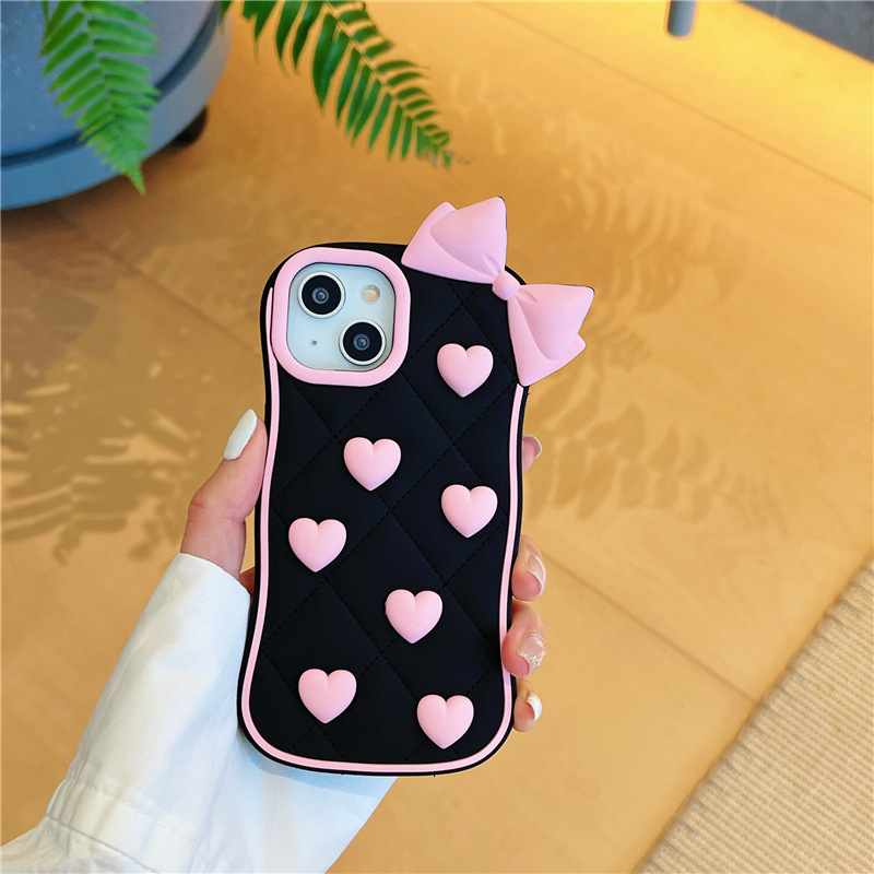 Cassa del telefono di bowknot del cuore di amore nero 3D IPhone 14Pro Max 13Plus 12 11 X XR / XS INS Style Cartoon Cute Cover antiurto in silicone
