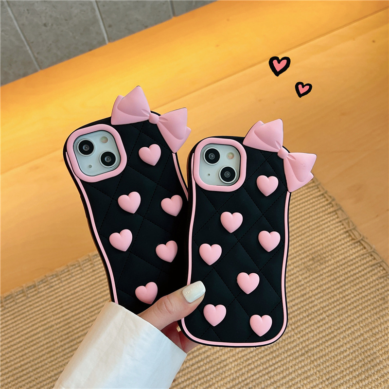 Cassa del telefono di bowknot del cuore di amore nero 3D IPhone 14Pro Max 13Plus 12 11 X XR / XS INS Style Cartoon Cute Cover antiurto in silicone