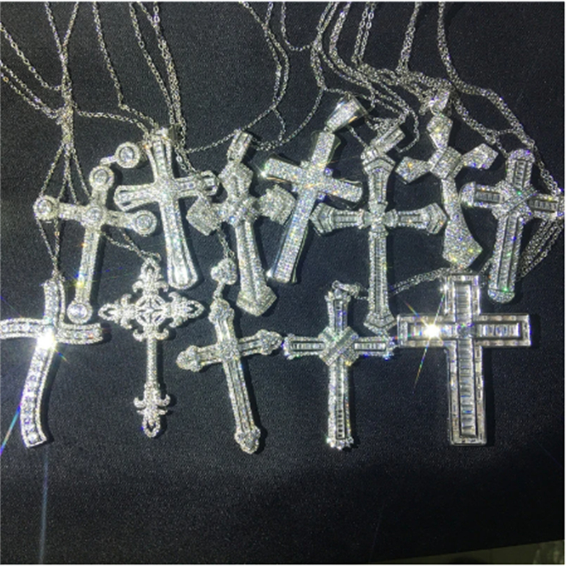 Vecalon handgemachte Hiphop Big Cross Anhänger 925 Sterling Silber Cz Stein Vintage Anhänger Halskette für Frauen Männer Hochzeit Schmuck