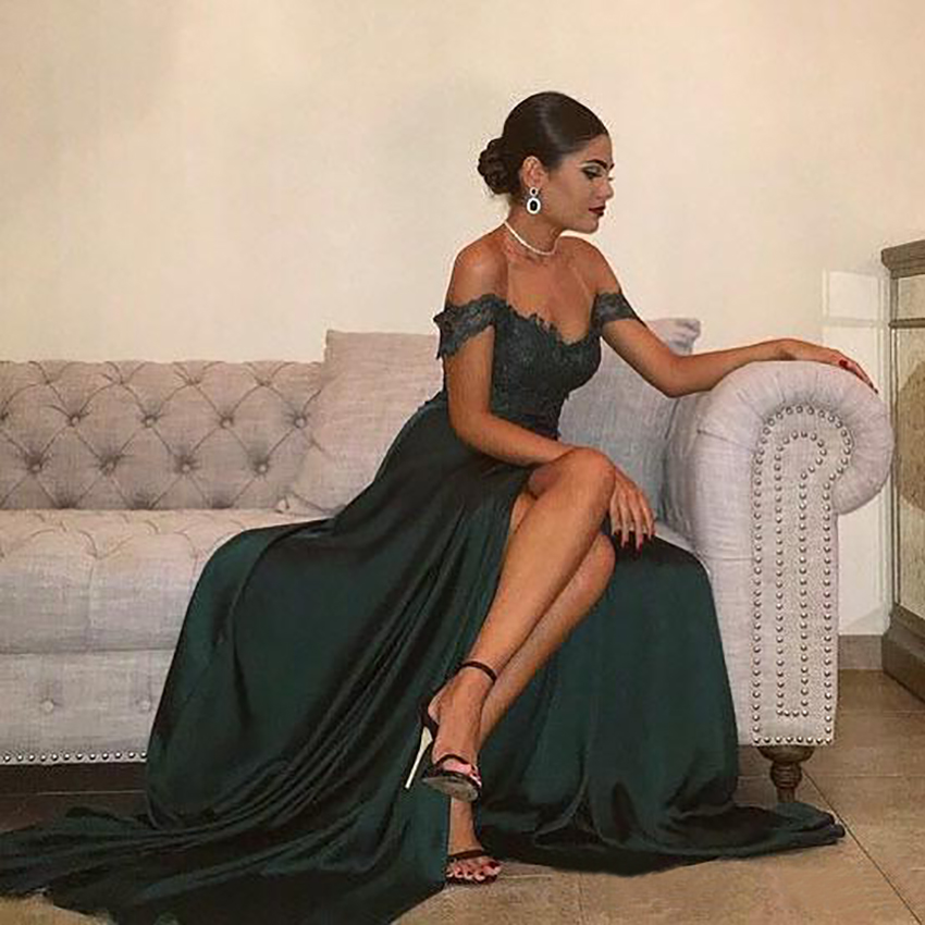 2023 Evening Gowns A-Line Hunter Green Chiffon High Split Cutout Side Slit Lace Top Sexy Off Shoulder Hot Formal Party Dress Prom Dresses