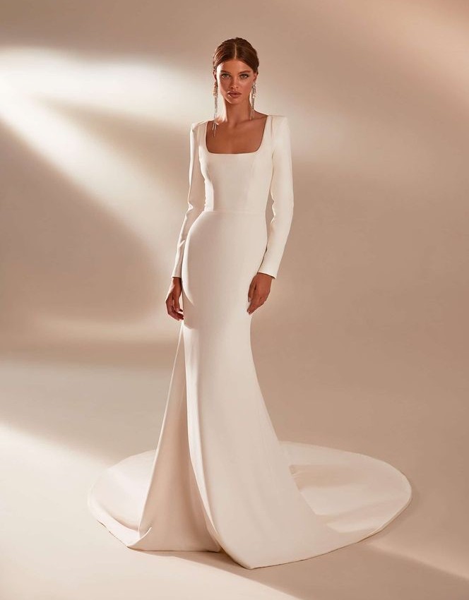 Chic Simple Satin Avorio Mermaid Wedding Dressees Scollo quadrato con maniche lunghe Elegante Boho Garden Abiti da sposa Treno lungo Modern U Low Back Sexy Robes de Mariee CL2379