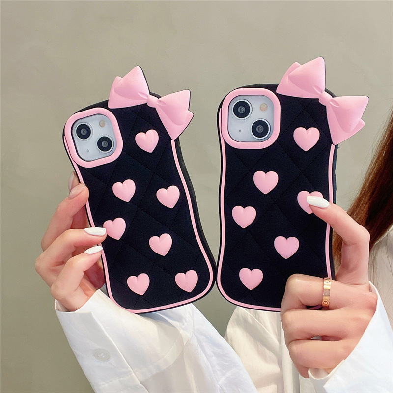 3D noir amour coeur bowknot Téléphone étui pour iphone 14Pro Max 13Plus 12 11 X XR/XS INS Style Dessin Animé Mignon Silicone Antichoc Couverture