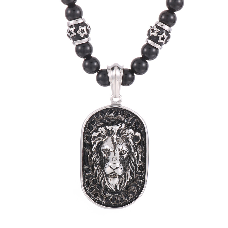 Rostfritt stål Biker Lion Tag Pendant Halsband Etnisk stil Buddhistiska glaspärlor Pärlade män och kvinnor lång tröja kedja 28 tum 115g punk far Xmas gåvor