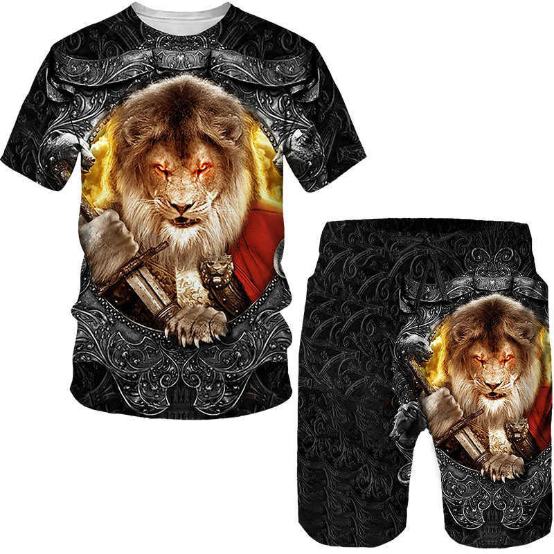 Trainingsanzüge Sommer 2022 3D-Druck Plus Size T-Shirt Tiger Lion Vintage Style Kurzarm Set Neuheit Mode Harajuku Herrenbekleidung P230605