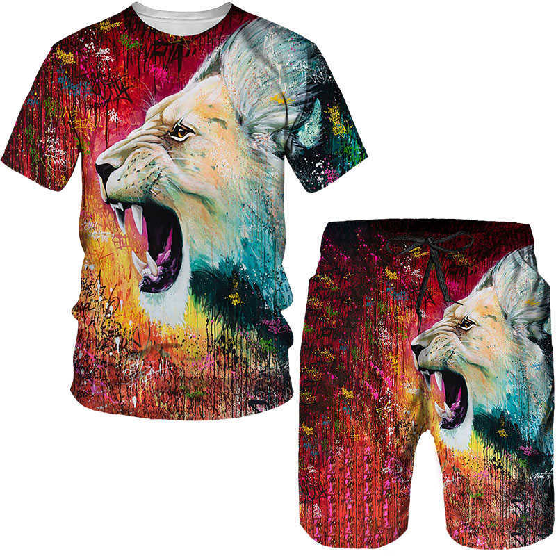 Trainingsanzüge Sommer 2022 3D-Druck Plus Size T-Shirt Tiger Lion Vintage Style Kurzarm Set Neuheit Mode Harajuku Herrenbekleidung P230605